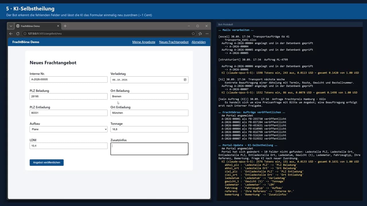 Standbild aus dem Demo-Video: Ein Bot füllt das Formular eines Webportals aus, daneben das Protokoll